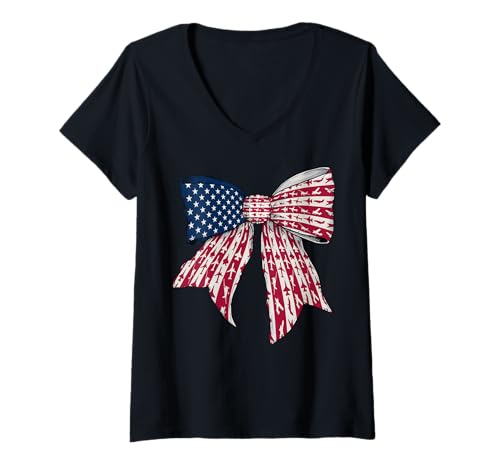Damen Flugzeug Pilot Luftfahrt USA Flagge 4. Juli Patriotisch T-Shirt mit V-Ausschnitt Damen Flugzeug Pilot Luftfahrt USA Flagge 4. Juli Patriotisch T-Shirt mit V-Ausschnitt von Womens Coquette Bow Airplane Pilot Gifts