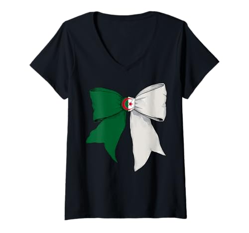 Damen Algerien Algerien Pride Flagge Mädchen Kokette Schleife Band T-Shirt mit V-Ausschnitt von Womens Coquette Bow Algeria Heritage Flag Gifts