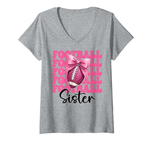 Damen Fußball Schwester American Football Girl Kokette Schleife T-Shirt mit V-Ausschnitt Damen Fußball Schwester American Football Girl Kokette Schleife T-Shirt mit V-Ausschnitt von Womens Coquette Bow American Football Player Gifts