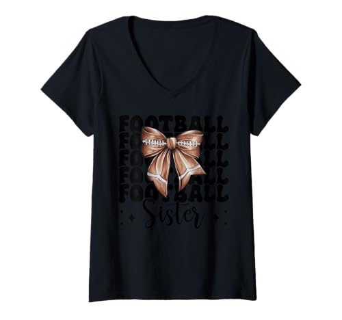 Damen Fußball Schwester American Football Girl Kokette Schleife T-Shirt mit V-Ausschnitt Damen Fußball Schwester American Football Girl Kokette Schleife T-Shirt mit V-Ausschnitt von Womens Coquette Bow American Football Player Gifts