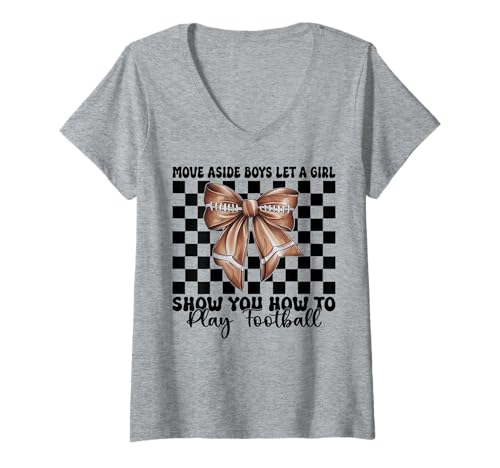 Damen Lass dir von einem Mädchen zeigen, wie man American Football spielt T-Shirt mit V-Ausschnitt Damen Lass dir von einem Mädchen zeigen, wie man American Football spielt T-Shirt mit V-Ausschnitt von Womens Coquette Bow American Football Player Gifts