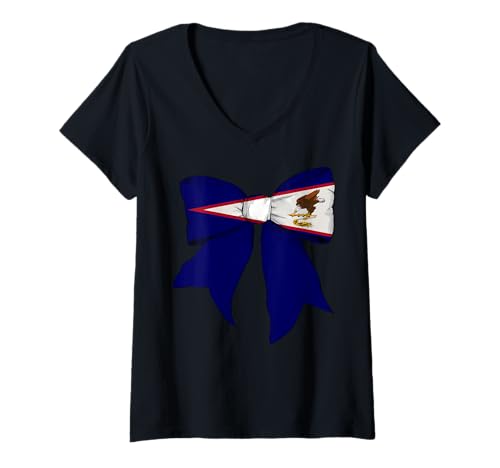 Damen Amerikanisch-Samoa Amerikanisch-Samoanischer Stolz Flagge Mädchen Kokette Schleife T-Shirt mit V-Ausschnitt von Womens Coquette Bow American Samoa Heritage Gifts