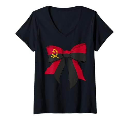 Damen Kokettenschleifenband mit angolanischer Pride-Flagge für Mädchen T-Shirt mit V-Ausschnitt Damen Kokettenschleifenband mit angolanischer Pride-Flagge für Mädchen T-Shirt mit V-Ausschnitt von Womens Coquette Bow Angola Heritage Flag Gifts