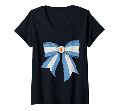 Damen Argentinien Argentinien Argentinien Stolz Flagge Mädchen Kokette Schleife T-Shirt mit V-Ausschnitt von Womens Coquette Bow Argentina Heritage Flag Gifts