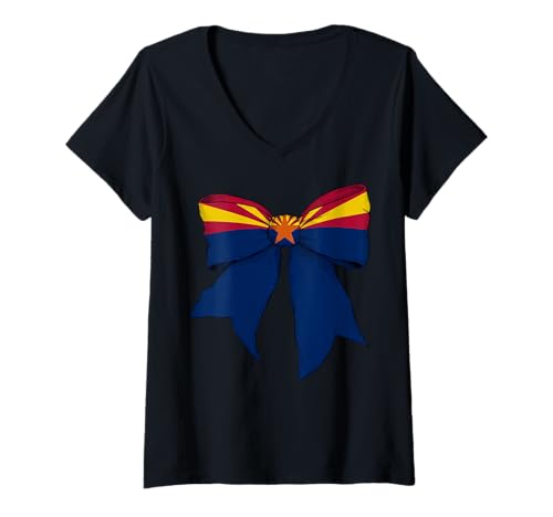 Damen Kokettenschleifenband für Mädchen, Flagge des Bundesstaates Arizona T-Shirt mit V-Ausschnitt Damen Kokettenschleifenband für Mädchen, Flagge des Bundesstaates Arizona T-Shirt mit V-Ausschnitt von Womens Coquette Bow Arizona Heritage Flag Gifts