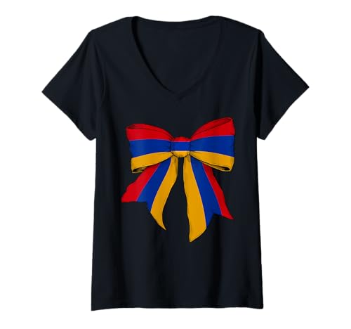 Damen Armenien Armenische Flagge Mädchen Kokette Schleife Band T-Shirt mit V-Ausschnitt Damen Armenien Armenische Flagge Mädchen Kokette Schleife Band T-Shirt mit V-Ausschnitt von Womens Coquette Bow Armenia Heritage Flag Gifts