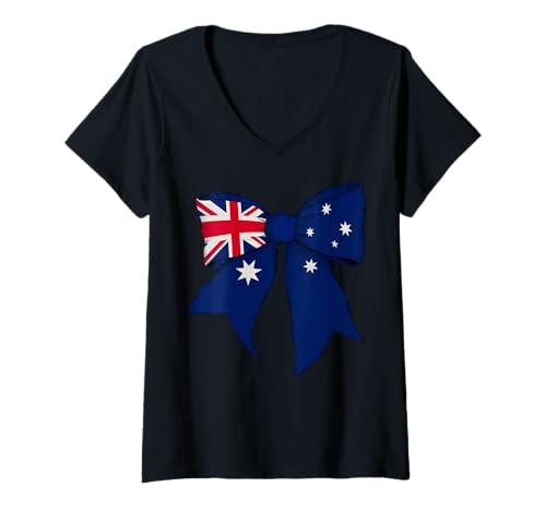 Damen Australien Australien Pride Flag Girl Coquette Bow Ribbon T-Shirt mit V-Ausschnitt von Womens Coquette Bow Australia Heritage Flag Gifts