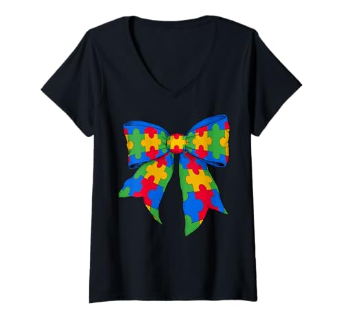 Damen Autismus-Bewusstsein Autistische Puzzleteile Mama Papa Lehrer Mädchen T-Shirt mit V-Ausschnitt von Womens Coquette Bow Autism Awareness Gifts