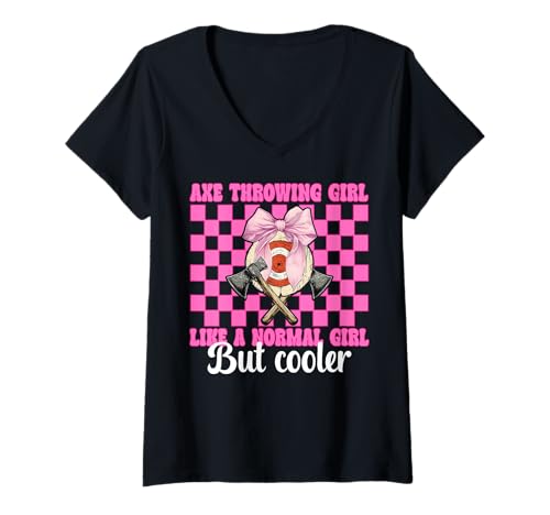 Damen Axe Throwing Girl Like A Normal Girl Axt Thrower Girl Mom T-Shirt mit V-Ausschnitt von Womens Coquette Bow Axe Throwing Axe Thrower Gifts