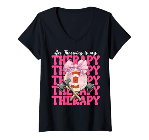Damen Axt Throwing Is My Therapy Axt Werfer Mädchen Mama Muttertag T-Shirt mit V-Ausschnitt von Womens Coquette Bow Axe Throwing Axe Thrower Gifts