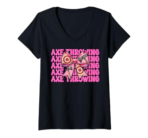 Damen Axt Werfen Axt Werfer Mädchen Mama Muttertag Kokette Bogen T-Shirt mit V-Ausschnitt von Womens Coquette Bow Axe Throwing Axe Thrower Gifts