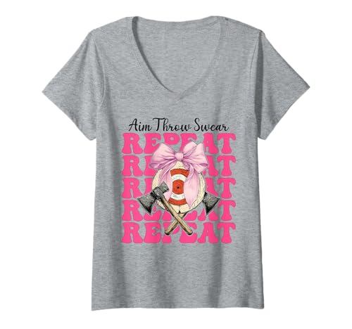 Damen Axt Werfen Axt Werfer Mädchen Mama Ziel Werfen Schwören Wiederholen T-Shirt mit V-Ausschnitt von Womens Coquette Bow Axe Throwing Axe Thrower Gifts