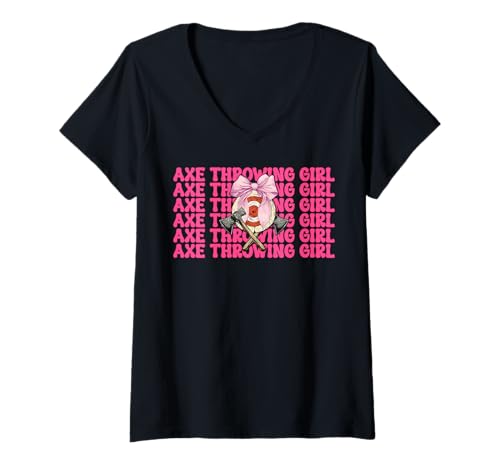 Damen Axt Werfen Mädchen Axt Werfer Mama Muttertag Kokette Bogen T-Shirt mit V-Ausschnitt von Womens Coquette Bow Axe Throwing Axe Thrower Gifts