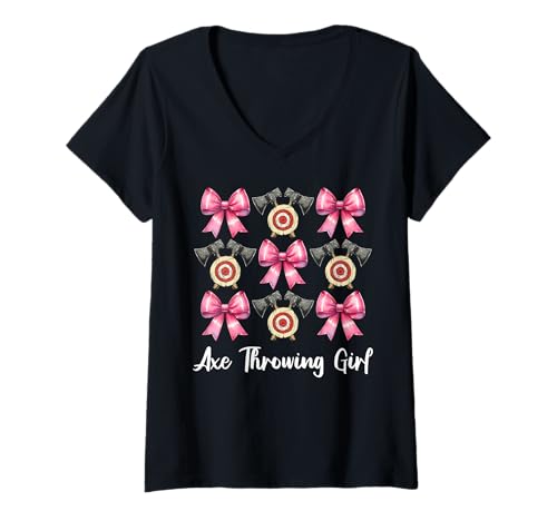 Damen Axt Werfen Mädchen Axt Werfer Mama T-Shirt mit V-Ausschnitt von Womens Coquette Bow Axe Throwing Axe Thrower Gifts
