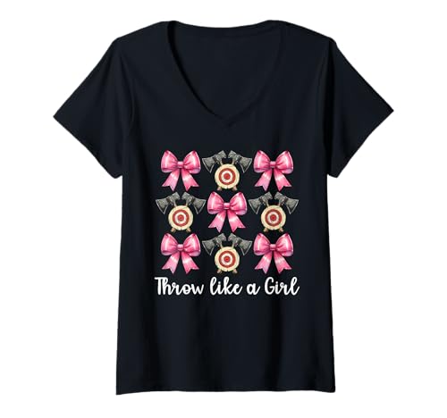 Damen Werfen Sie wie ein Mädchen Axt Werfen Axt Werfer Kokette T-Shirt mit V-Ausschnitt von Womens Coquette Bow Axe Throwing Axe Thrower Gifts