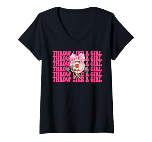Damen Werfen Sie wie ein Mädchen Axt Werfen Axt Werfer Mutter Muttertag T-Shirt mit V-Ausschnitt von Womens Coquette Bow Axe Throwing Axe Thrower Gifts