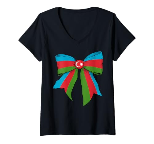 Damen Aserbaidschanische Aserbaidschanische Stolzflagge Mädchen Kokette Schleife Band T-Shirt mit V-Ausschnitt Damen Aserbaidschanische Aserbaidschanische Stolzflagge Mädchen Kokette Schleife Band T-Shirt mit V-Ausschnitt von Womens Coquette Bow Azerbaijan Heritage Flag Gifts