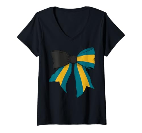 Damen Bahamas Bahamas Bahamian Pride Flag Girl Coquette Bow Ribbon T-Shirt mit V-Ausschnitt Damen Bahamas Bahamas Bahamian Pride Flag Girl Coquette Bow Ribbon T-Shirt mit V-Ausschnitt von Womens Coquette Bow Bahamas Heritage Flag Gifts