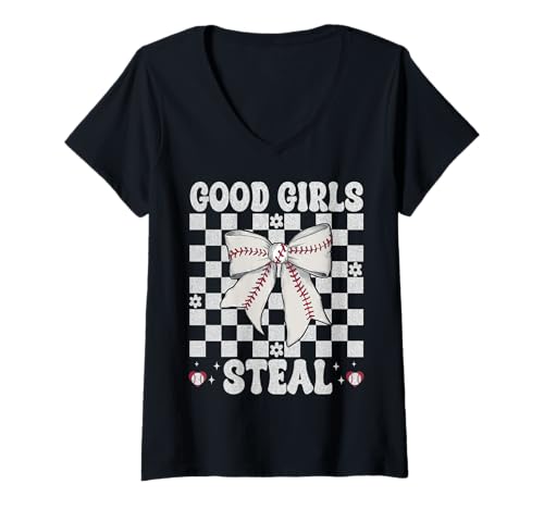 Damen Baseball Mädchen Baseball Mama Muttertag Gute Mädchen stehlen T-Shirt mit V-Ausschnitt Damen Baseball Mädchen Baseball Mama Muttertag Gute Mädchen stehlen T-Shirt mit V-Ausschnitt von Womens Coquette Bow Baseball Player Gifts
