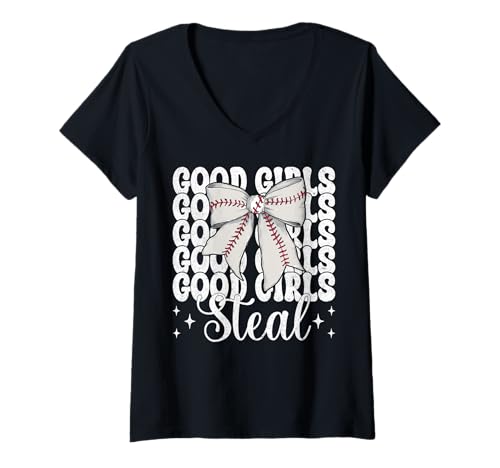 Damen Baseball Mädchen Baseball Mama Muttertag Gute Mädchen stehlen T-Shirt mit V-Ausschnitt Damen Baseball Mädchen Baseball Mama Muttertag Gute Mädchen stehlen T-Shirt mit V-Ausschnitt von Womens Coquette Bow Baseball Player Gifts