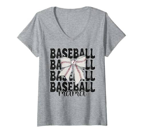 Damen Baseball Mama Baseball Mama Muttertag Kokette Schleife T-Shirt mit V-Ausschnitt Damen Baseball Mama Baseball Mama Muttertag Kokette Schleife T-Shirt mit V-Ausschnitt von Womens Coquette Bow Baseball Player Gifts