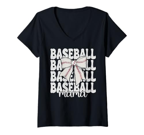 Damen Baseball Mama Baseball Mama Muttertag Kokette Schleife T-Shirt mit V-Ausschnitt Damen Baseball Mama Baseball Mama Muttertag Kokette Schleife T-Shirt mit V-Ausschnitt von Womens Coquette Bow Baseball Player Gifts