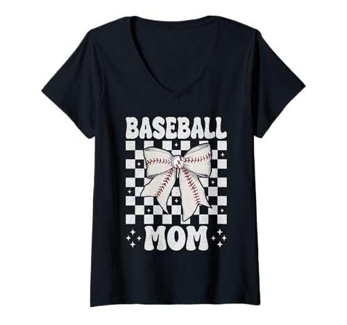 Damen Baseball Mom Baseball Mama Muttertag Kokette Schleife T-Shirt mit V-Ausschnitt Damen Baseball Mom Baseball Mama Muttertag Kokette Schleife T-Shirt mit V-Ausschnitt von Womens Coquette Bow Baseball Player Gifts