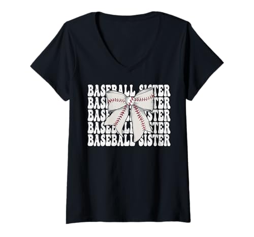 Damen Baseball-Schwester Baseball-Mädchen Coquette Bow T-Shirt mit V-Ausschnitt Damen Baseball-Schwester Baseball-Mädchen Coquette Bow T-Shirt mit V-Ausschnitt von Womens Coquette Bow Baseball Player Gifts