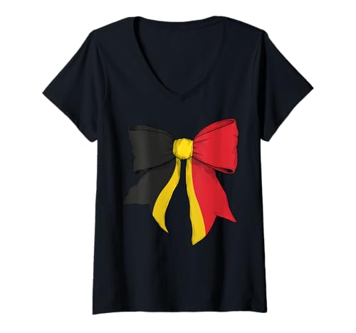 Damen Belgien Belgien Pride Flag Girl Coquette Bow Ribbon T-Shirt mit V-Ausschnitt Damen Belgien Belgien Pride Flag Girl Coquette Bow Ribbon T-Shirt mit V-Ausschnitt von Womens Coquette Bow Belgium Heritage Flag Gifts