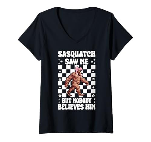 Damen Sasquatch hat Mich gesehen, Aber niemand glaubt ihm Bigfoot Coquette T-Shirt mit V-Ausschnitt Damen Sasquatch hat Mich gesehen, Aber niemand glaubt ihm Bigfoot Coquette T-Shirt mit V-Ausschnitt von Womens Coquette Bow Bigfoot Sasquatch Gifts