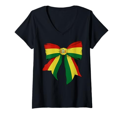Damen Bolivien Bolivian Pride Flag Girl Coquette Bow Ribbon T-Shirt mit V-Ausschnitt von Womens Coquette Bow Bolivia Heritage Flag Gifts