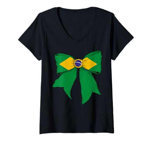 Damen Brasilien Brasilien Pride Flagge Mädchen Kokette Schleife Band T-Shirt mit V-Ausschnitt Damen Brasilien Brasilien Pride Flagge Mädchen Kokette Schleife Band T-Shirt mit V-Ausschnitt von Womens Coquette Bow Brazil Heritage Flag Gifts