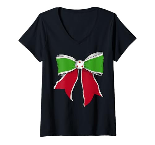 Damen Burundi Burkinabé Pride Flag Coquette Schleifenband für Mädchen T-Shirt mit V-Ausschnitt von Womens Coquette Bow Burundi Heritage Flag Gifts