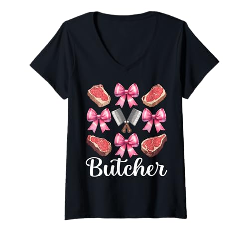Damen Fleischbeil für Mädchen und Mütter, Rosa T-Shirt mit V-Ausschnitt Damen Fleischbeil für Mädchen und Mütter, Rosa T-Shirt mit V-Ausschnitt von Womens Coquette Bow Butcher Meat Cleaver Gifts
