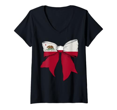 Damen Schleifenband mit kalifornischer Staatsflagge für Mädchen T-Shirt mit V-Ausschnitt von Womens Coquette Bow California Heritage Flag Gifts