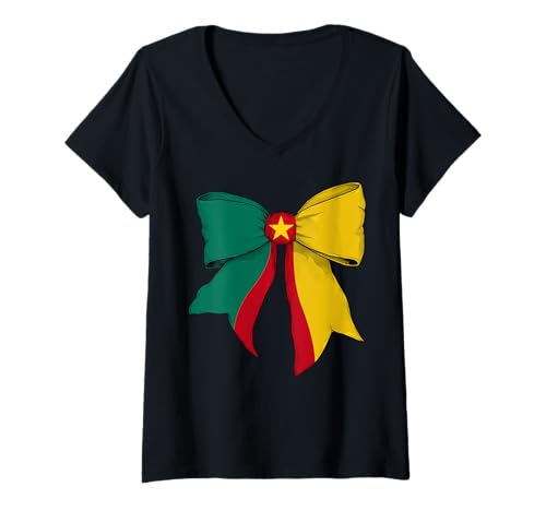 Damen Schleifenband für Mädchen mit Kamerun-Flagge, Kamerun, Kokette T-Shirt mit V-Ausschnitt von Womens Coquette Bow Cameroon Heritage Flag Gifts