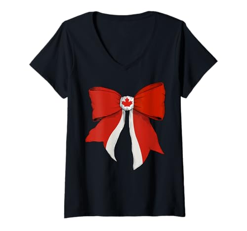 Damen Schleifenband mit kanadischer Flagge für Mädchen T-Shirt mit V-Ausschnitt von Womens Coquette Bow Canada Heritage Flag Gifts