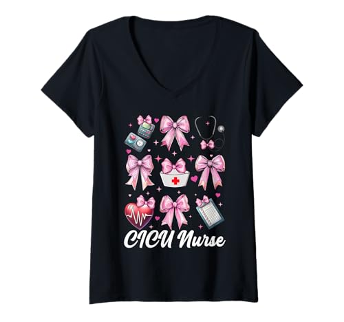 Damen CICU Krankenschwester Herzkrankenschwester VICU ICU Kardiologie Mädchen Mama T-Shirt mit V-Ausschnitt Damen CICU Krankenschwester Herzkrankenschwester VICU ICU Kardiologie Mädchen Mama T-Shirt mit V-Ausschnitt von Womens Coquette Bow Cardiac Nurse Cardiology Gifts