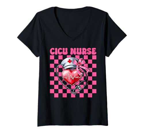 Damen CICU Krankenschwester Herzkrankenschwester VICU ICU Kardiologie Mädchen Mama T-Shirt mit V-Ausschnitt Damen CICU Krankenschwester Herzkrankenschwester VICU ICU Kardiologie Mädchen Mama T-Shirt mit V-Ausschnitt von Womens Coquette Bow Cardiac Nurse Cardiology Gifts