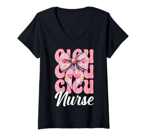 Damen CICU Krankenschwester Herzkrankenschwester VICU ICU Kardiologie Mädchen Mama T-Shirt mit V-Ausschnitt von Womens Coquette Bow Cardiac Nurse Cardiology Gifts