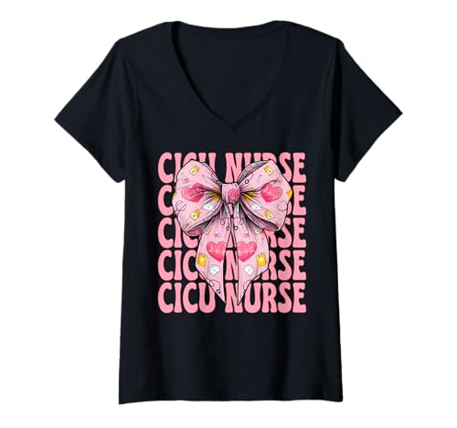 Damen CICU Krankenschwester Herzkrankenschwester VICU ICU Kardiologie Mädchen Mama T-Shirt mit V-Ausschnitt von Womens Coquette Bow Cardiac Nurse Cardiology Gifts