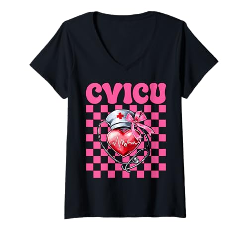 Damen CVICU Herzkrankenschwester VICU ICU CICU Kardiologie Mädchen Mama T-Shirt mit V-Ausschnitt von Womens Coquette Bow Cardiac Nurse Cardiology Gifts