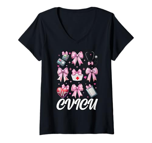 Damen CVICU Herzkrankenschwester VICU ICU CICU Kardiologie Mädchen Mama T-Shirt mit V-Ausschnitt von Womens Coquette Bow Cardiac Nurse Cardiology Gifts
