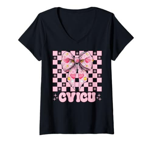 Damen CVICU Herzkrankenschwester VICU ICU CICU Kardiologie Mädchen Mama T-Shirt mit V-Ausschnitt von Womens Coquette Bow Cardiac Nurse Cardiology Gifts