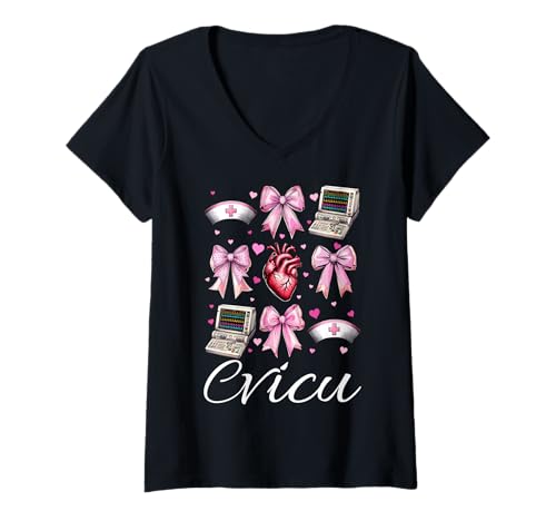 Damen CVICU Herzkrankenschwester VICU ICU CICU Kardiologie Mädchen Mama T-Shirt mit V-Ausschnitt Damen CVICU Herzkrankenschwester VICU ICU CICU Kardiologie Mädchen Mama T-Shirt mit V-Ausschnitt von Womens Coquette Bow Cardiac Nurse Cardiology Gifts