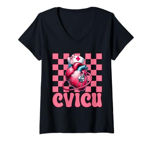 Damen CVICU Herzkrankenschwester VICU ICU CICU Kardiologie Mädchen Mama T-Shirt mit V-Ausschnitt von Womens Coquette Bow Cardiac Nurse Cardiology Gifts