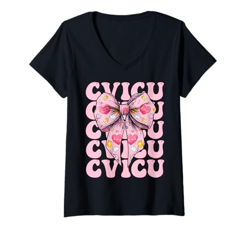 Damen CVICU Herzkrankenschwester VICU ICU CICU Kardiologie Mädchen Mama T-Shirt mit V-Ausschnitt Damen CVICU Herzkrankenschwester VICU ICU CICU Kardiologie Mädchen Mama T-Shirt mit V-Ausschnitt von Womens Coquette Bow Cardiac Nurse Cardiology Gifts