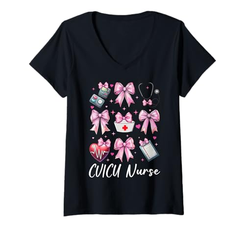 Damen CVICU Krankenschwester Herzkrankenschwester VICU ICU CICU Kardiologie Mädchen Mama T-Shirt mit V-Ausschnitt Damen CVICU Krankenschwester Herzkrankenschwester VICU ICU CICU Kardiologie Mädchen Mama T-Shirt mit V-Ausschnitt von Womens Coquette Bow Cardiac Nurse Cardiology Gifts
