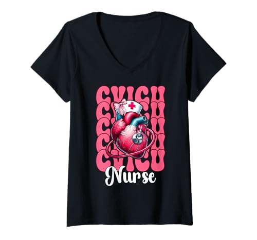 Damen CVICU Krankenschwester Herzkrankenschwester VICU ICU CICU Kardiologie Mädchen Mama T-Shirt mit V-Ausschnitt Damen CVICU Krankenschwester Herzkrankenschwester VICU ICU CICU Kardiologie Mädchen Mama T-Shirt mit V-Ausschnitt von Womens Coquette Bow Cardiac Nurse Cardiology Gifts