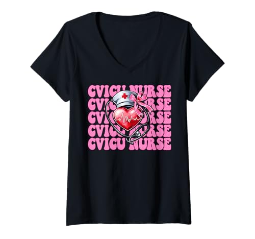 Damen CVICU Krankenschwester Herzkrankenschwester VICU ICU CICU Kardiologie Mädchen Mama T-Shirt mit V-Ausschnitt Damen CVICU Krankenschwester Herzkrankenschwester VICU ICU CICU Kardiologie Mädchen Mama T-Shirt mit V-Ausschnitt von Womens Coquette Bow Cardiac Nurse Cardiology Gifts